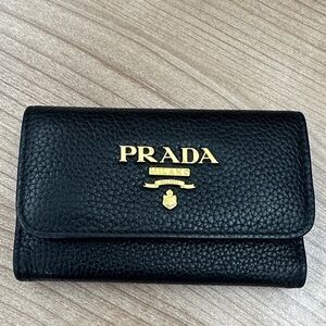 Prada Black Leather Compact Card Key Holder with Gold Logo